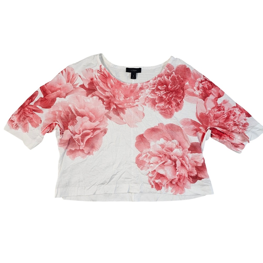 J.Crew Womens Small Pink Floral Peony Crop Top White Textured Scoop Neck Boxy